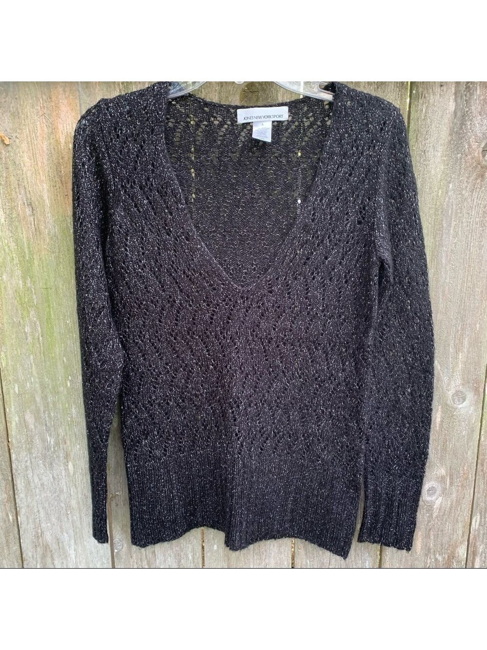 JONES NEW YORK SPORT deep v neck open weave loose knit pullover sweater festive